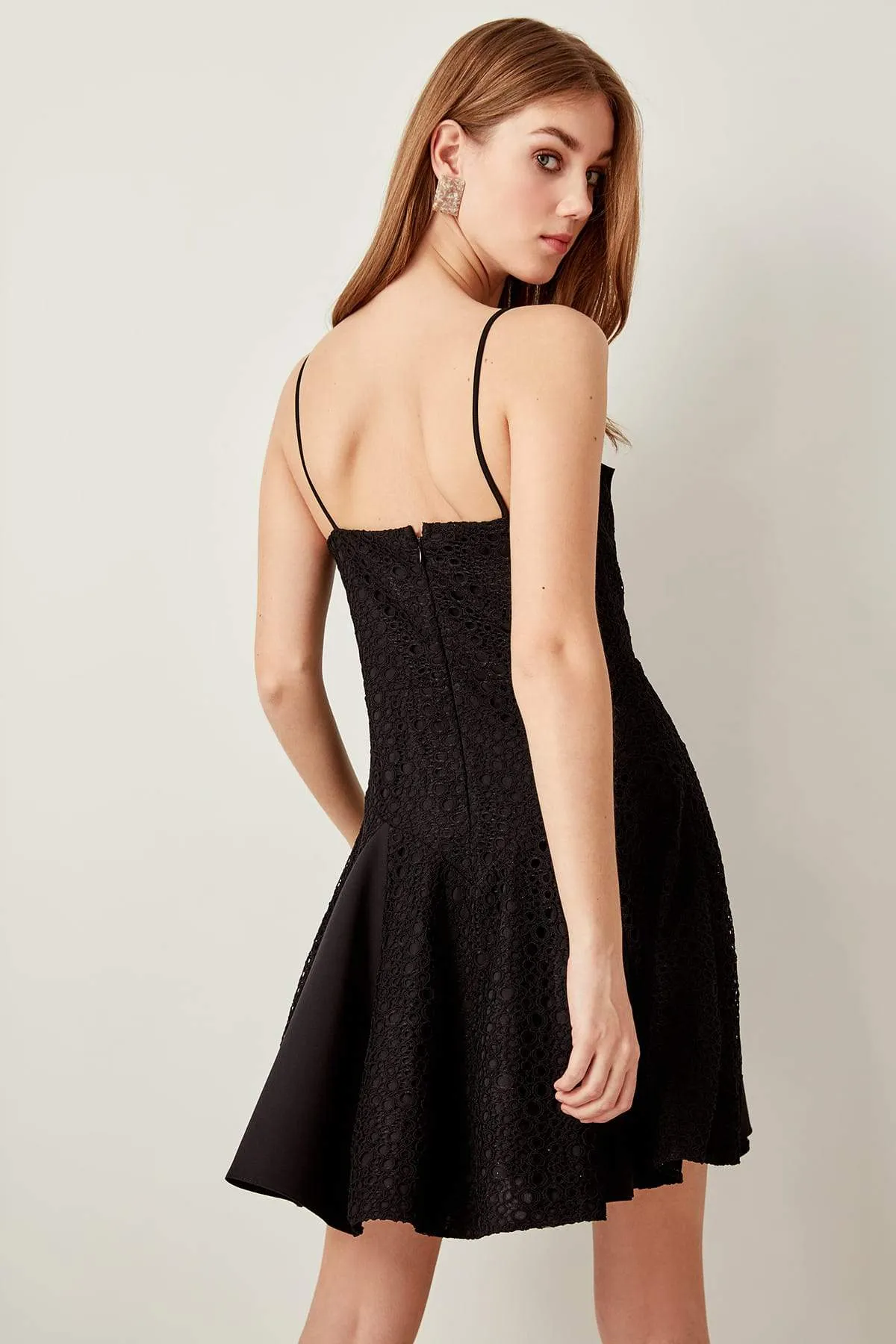 10878 Black Embroidered Lace Detail Strap Dress