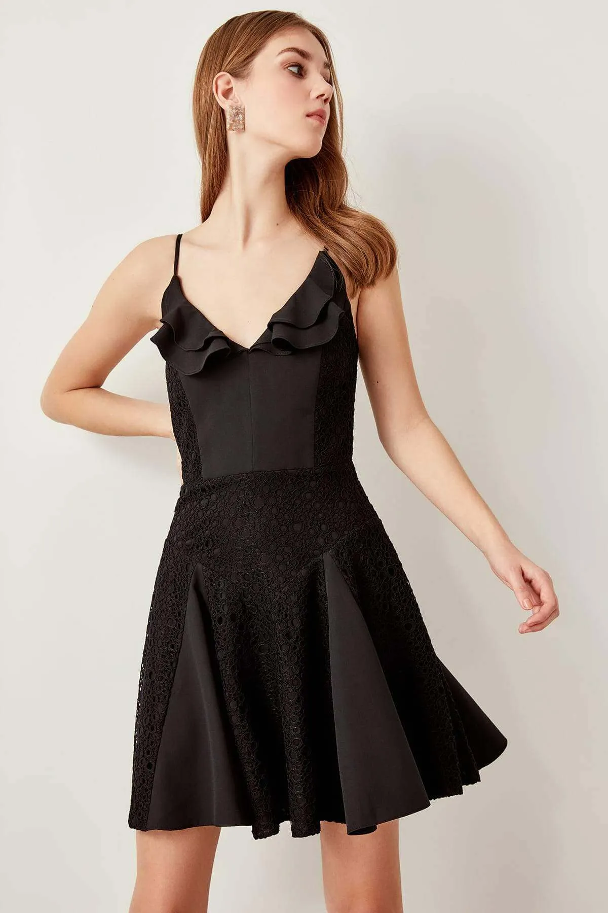 10878 Black Embroidered Lace Detail Strap Dress