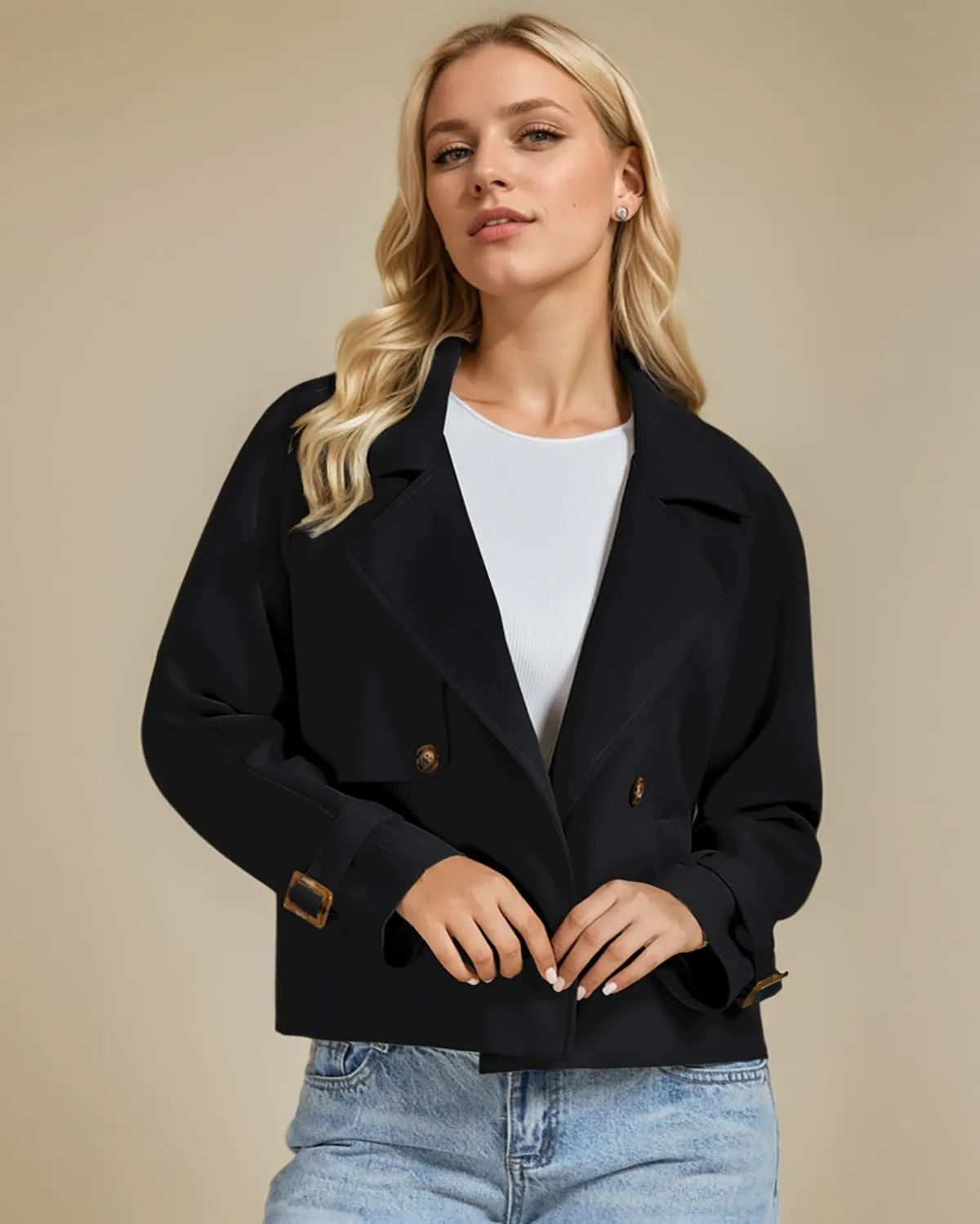 ASHER FASHION Cropped Trench Coat for Women, Fall Jackets for Women 2024, Long Sleeve Double Breasted Notched Lapel Casual