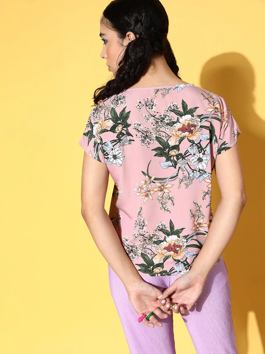 Berrylush Women Pink & Green Floral Printed V-Neck Woven Crepe Regular Top