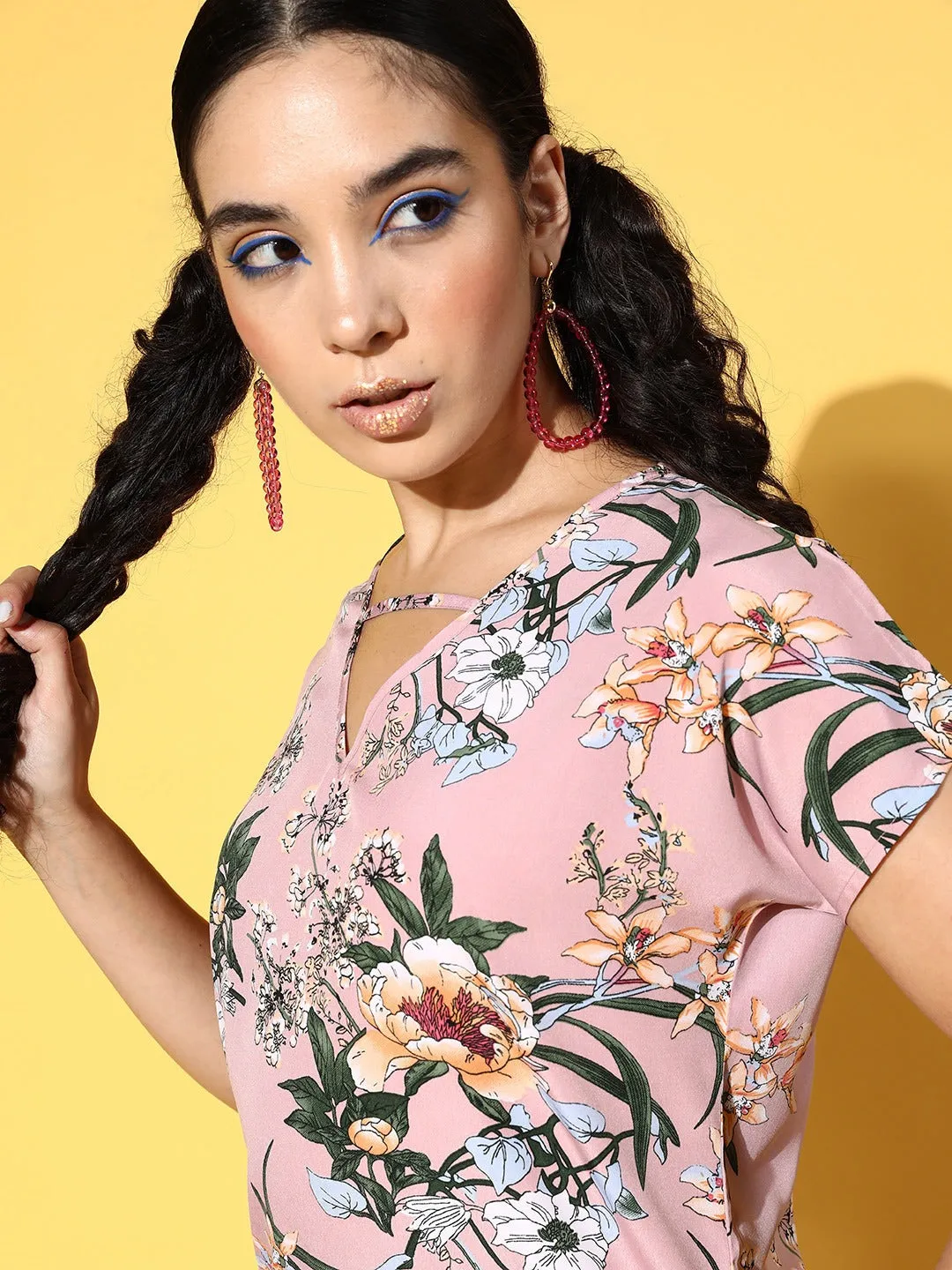 Berrylush Women Pink & Green Floral Printed V-Neck Woven Crepe Regular Top