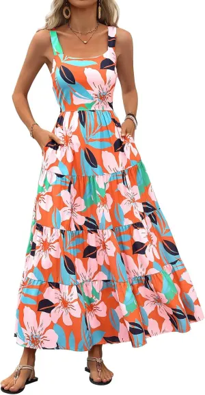 Boho Dresses for Women 2025 Summer Sleeveless Square Neck Midi Floral Long Dress Elegant Beach Vacation Dresses