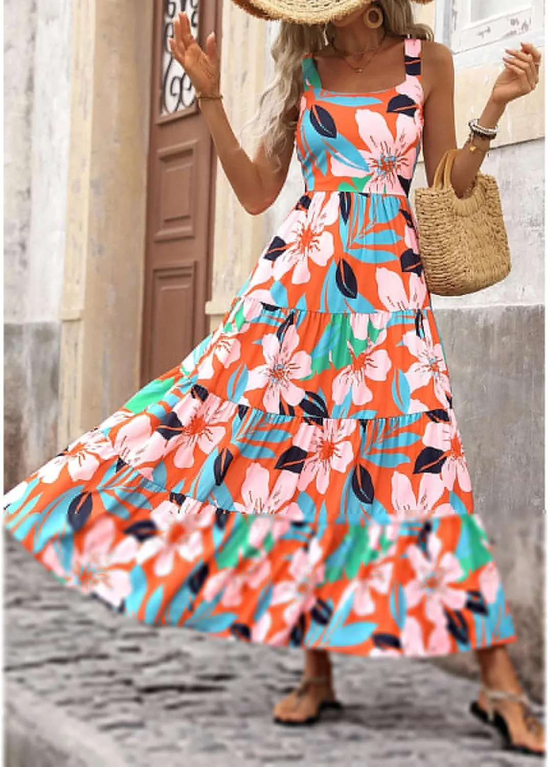 Boho Dresses for Women 2025 Summer Sleeveless Square Neck Midi Floral Long Dress Elegant Beach Vacation Dresses
