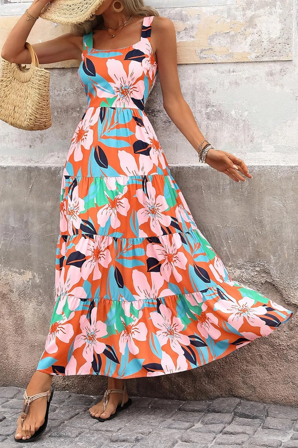 Boho Dresses for Women 2025 Summer Sleeveless Square Neck Midi Floral Long Dress Elegant Beach Vacation Dresses