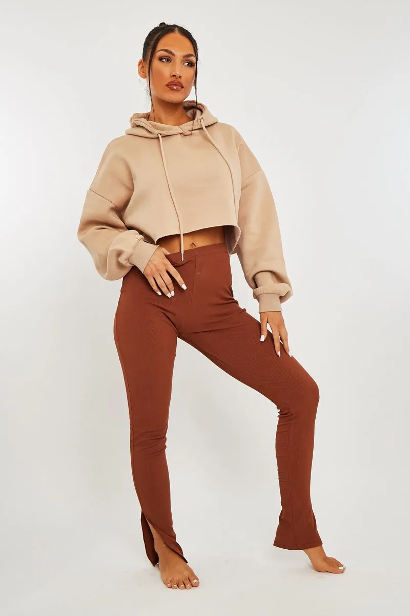 Brown Ribbed Side Split Leggings - Enzie