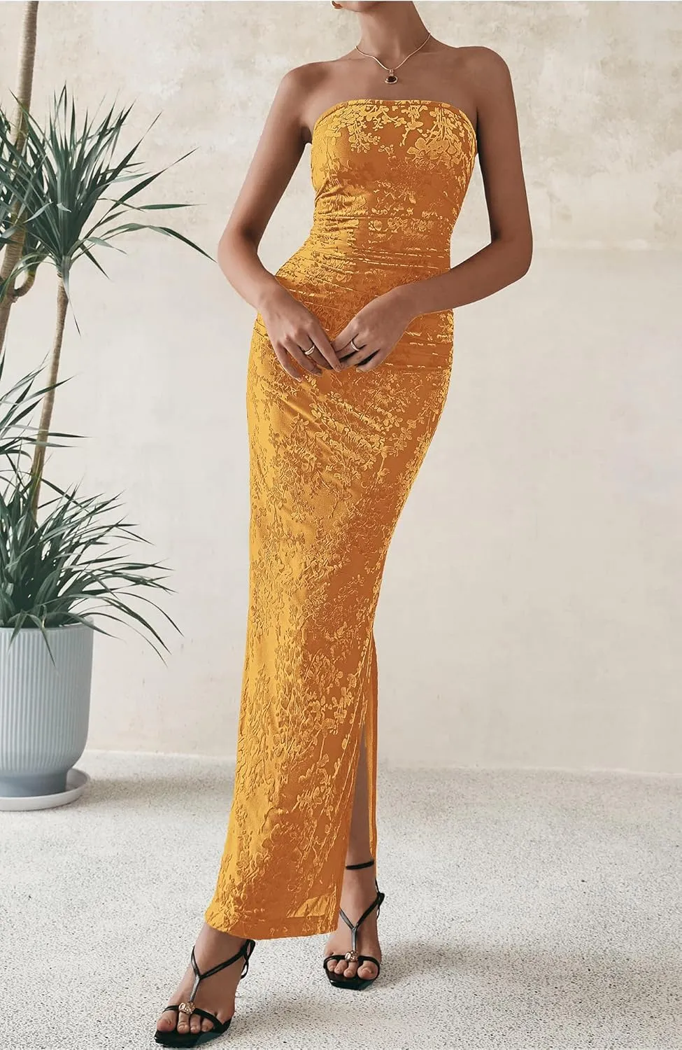 BTFBM Women's Summer Maxi Tube Dress Strapless Side Slit Long Floral Bodycon Dress Elegant Party Cocktail Dresses