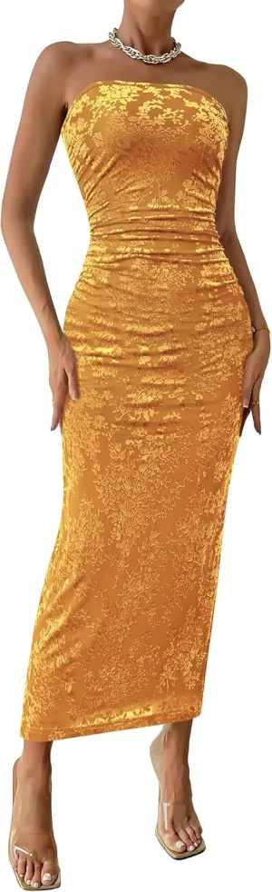 BTFBM Women's Summer Maxi Tube Dress Strapless Side Slit Long Floral Bodycon Dress Elegant Party Cocktail Dresses