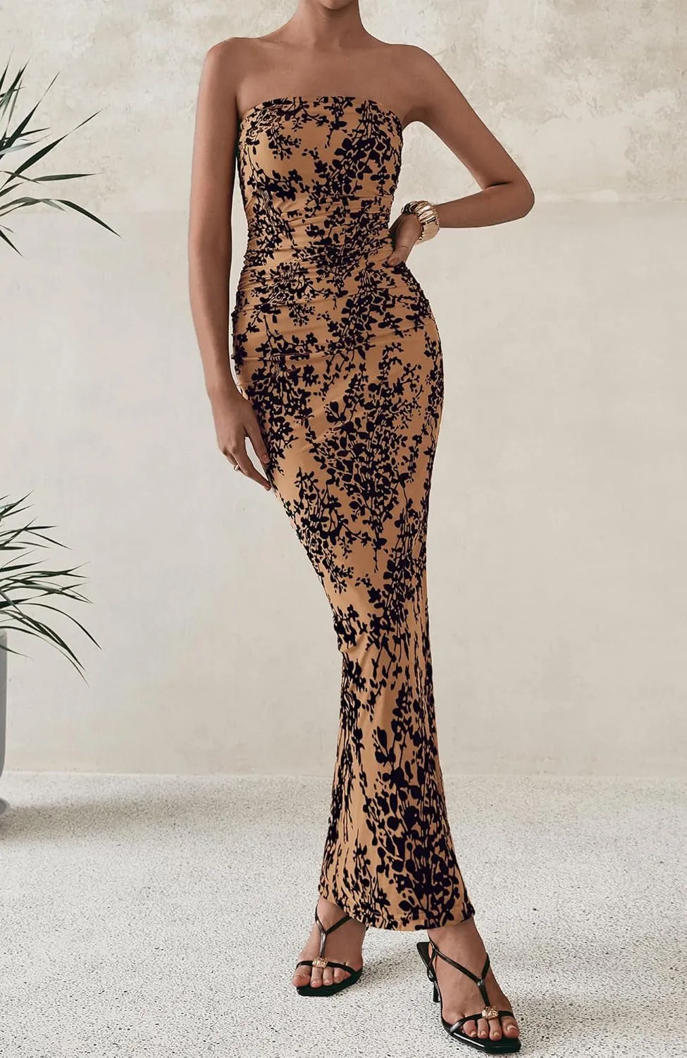 BTFBM Women's Summer Maxi Tube Dress Strapless Side Slit Long Floral Bodycon Dress Elegant Party Cocktail Dresses