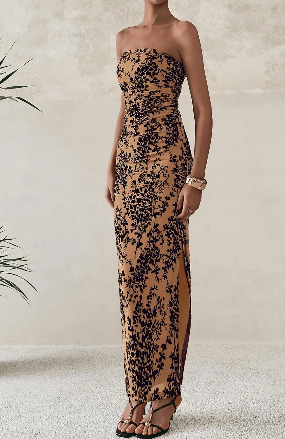 BTFBM Women's Summer Maxi Tube Dress Strapless Side Slit Long Floral Bodycon Dress Elegant Party Cocktail Dresses