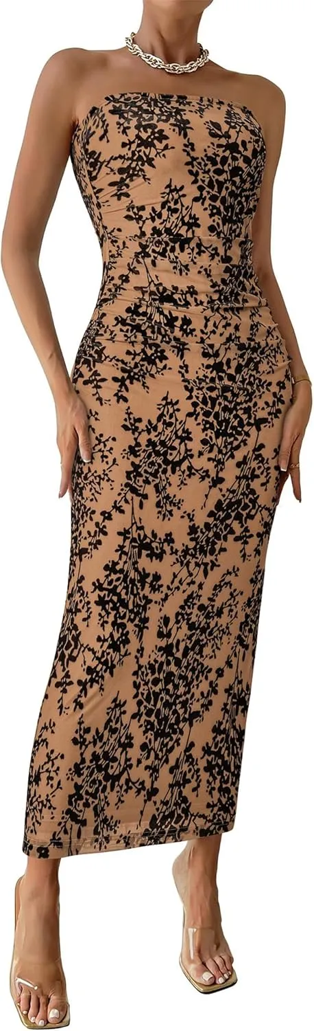 BTFBM Women's Summer Maxi Tube Dress Strapless Side Slit Long Floral Bodycon Dress Elegant Party Cocktail Dresses