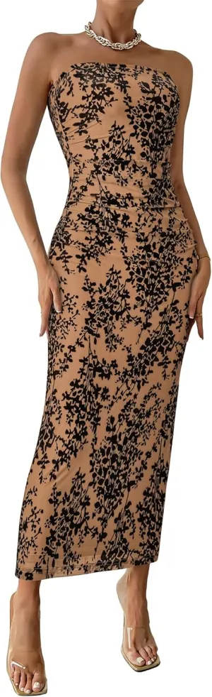 BTFBM Women's Summer Maxi Tube Dress Strapless Side Slit Long Floral Bodycon Dress Elegant Party Cocktail Dresses