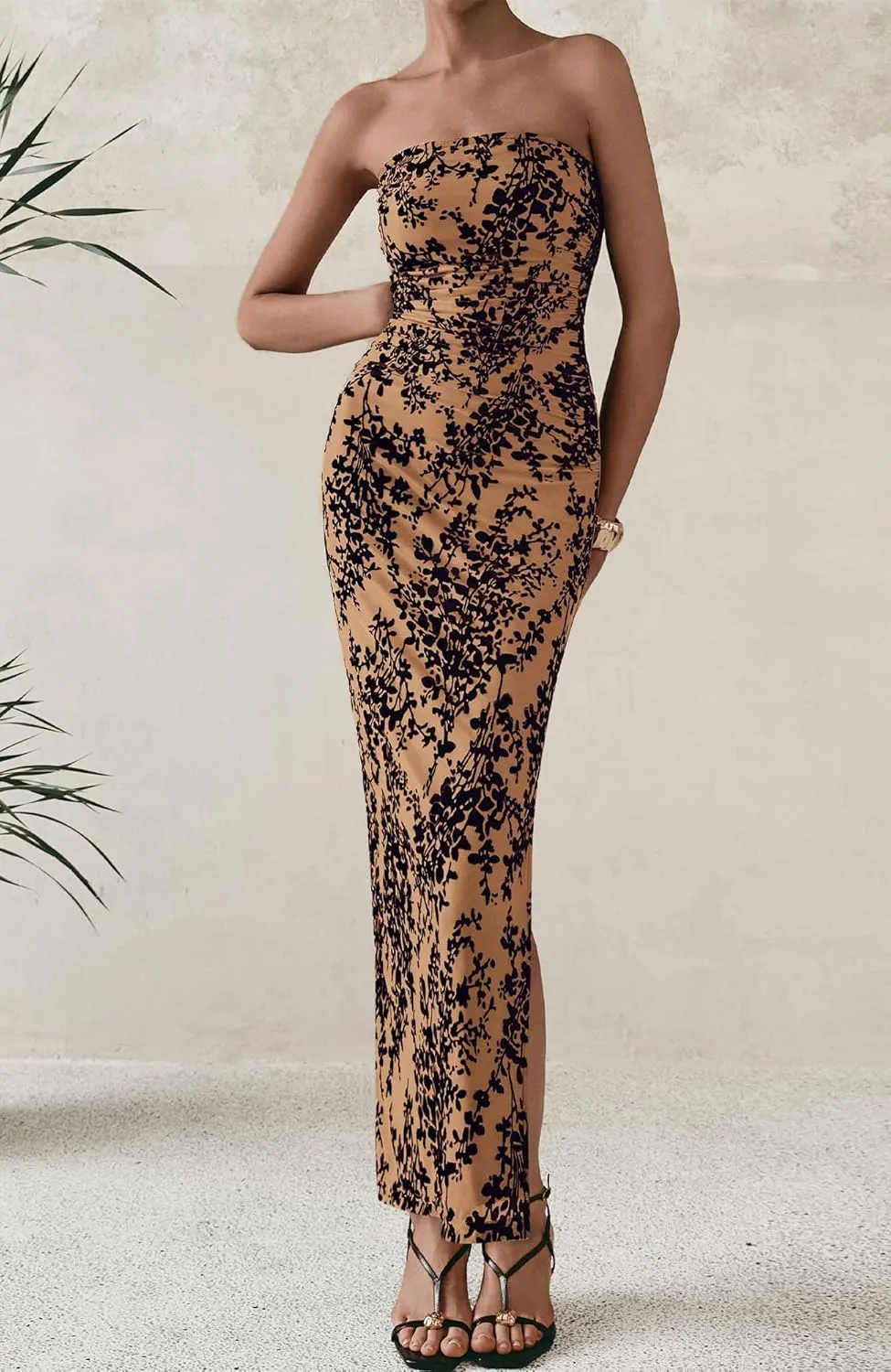 BTFBM Women's Summer Maxi Tube Dress Strapless Side Slit Long Floral Bodycon Dress Elegant Party Cocktail Dresses