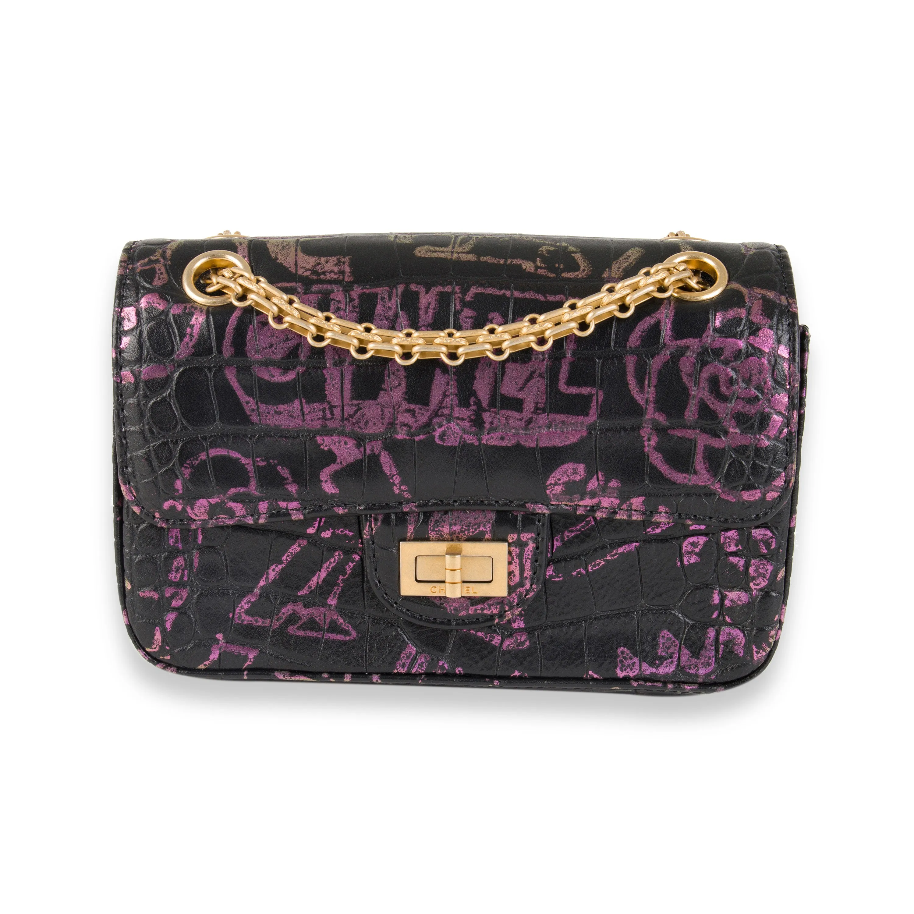 Chanel Black Crocodile Embossed Graffiti Reissue 2.55 224 Mini Flap Shoulder Bag