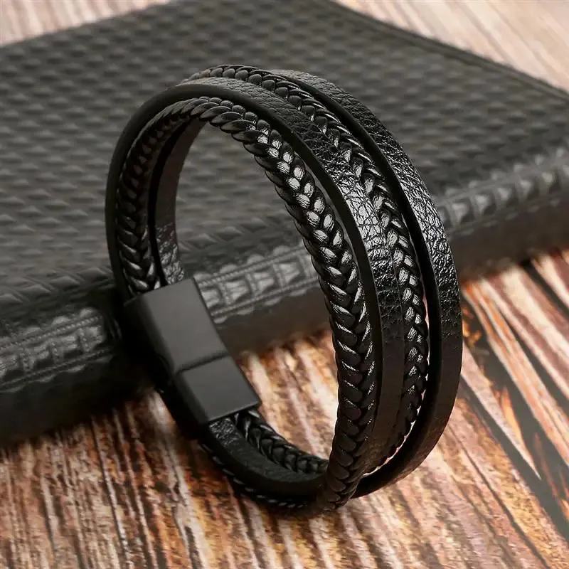 Classic Hand-Woven Leather Bracelet 19/21/23cm Multilayer Leather Men Bracelets Punk Bangle for Friend Charm Jewelry Gifts