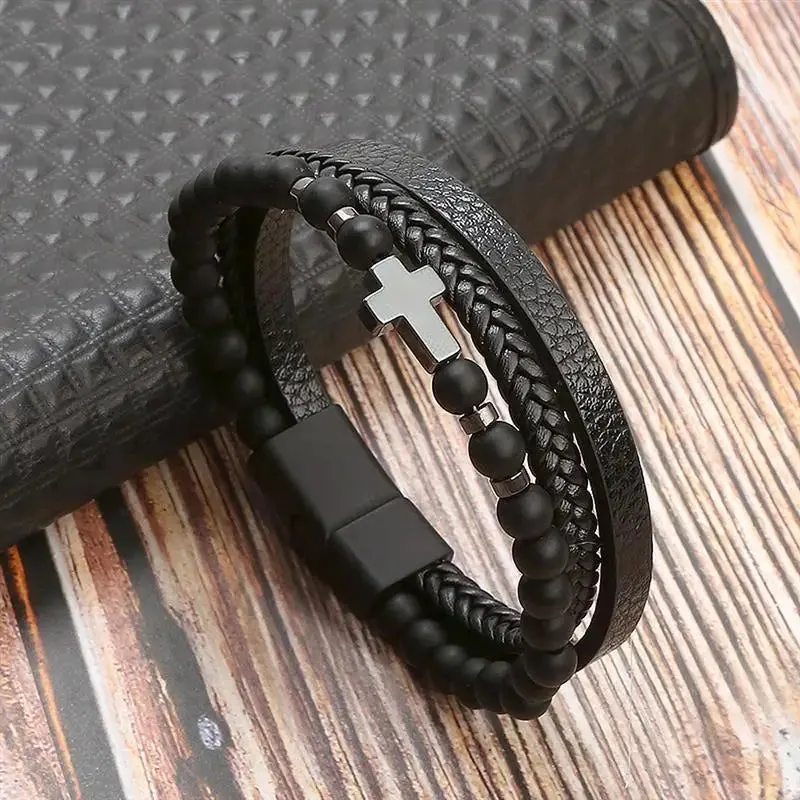 Classic Hand-Woven Leather Bracelet 19/21/23cm Multilayer Leather Men Bracelets Punk Bangle for Friend Charm Jewelry Gifts