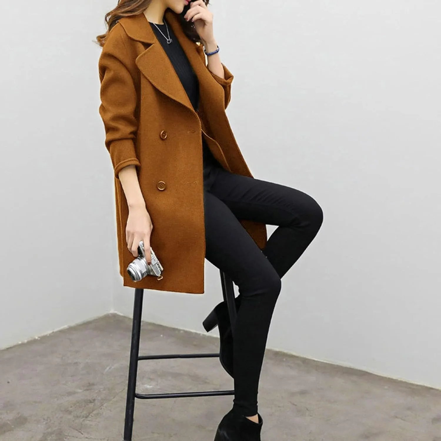 cooki Womens Coats Winter Long Loose Wool Blend Trench Coats Pea Coat Plus Size Long Jackets Double Breasted Warm Slim Coats