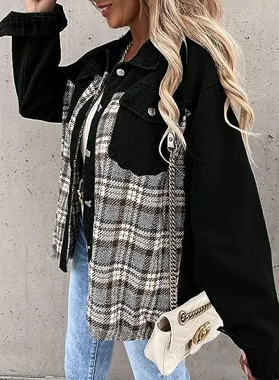 Denim Jacket for Women Plaid Lapel Long Sleeve Button Down Jean Coat Fall Trendy Jacket Outfits with Pockets