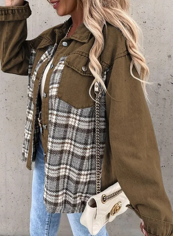 Denim Jacket for Women Plaid Lapel Long Sleeve Button Down Jean Coat Fall Trendy Jacket Outfits with Pockets