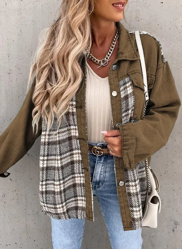Denim Jacket for Women Plaid Lapel Long Sleeve Button Down Jean Coat Fall Trendy Jacket Outfits with Pockets