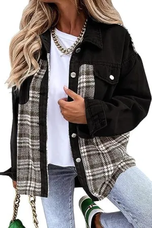 Denim Jacket for Women Plaid Lapel Long Sleeve Button Down Jean Coat Fall Trendy Jacket Outfits with Pockets