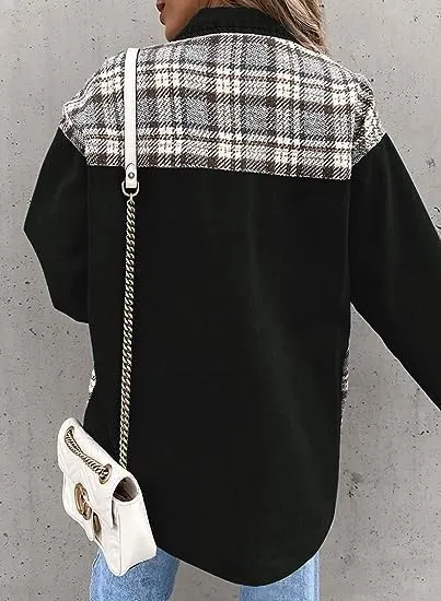 Denim Jacket for Women Plaid Lapel Long Sleeve Button Down Jean Coat Fall Trendy Jacket Outfits with Pockets
