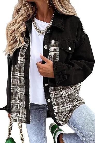 Denim Jacket for Women Plaid Lapel Long Sleeve Button Down Jean Coat Fall Trendy Jacket Outfits with Pockets