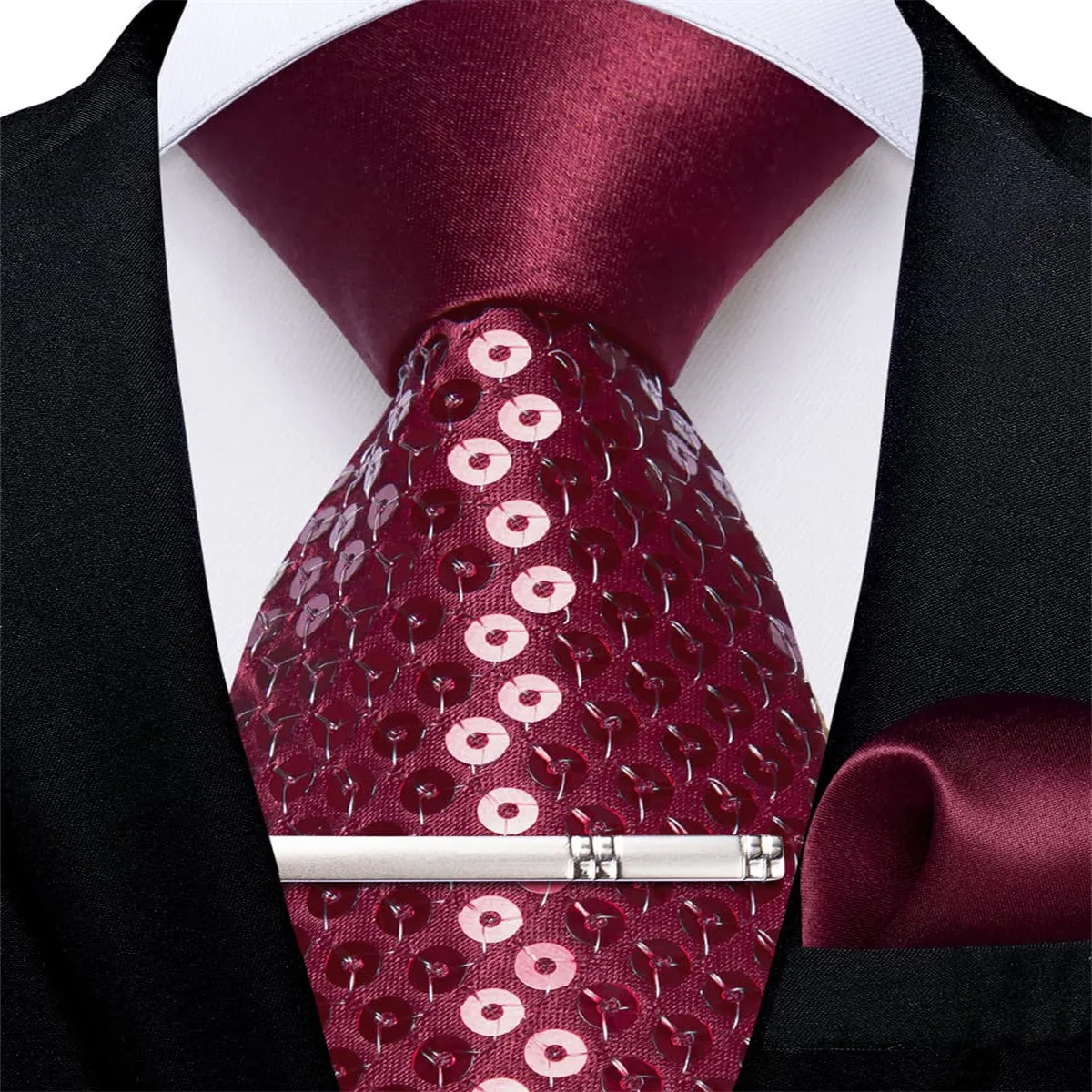DiBanGu Sequin Tie Wine Red Solid Mens Dress Tie Pocket Square Set for Wedding