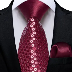 DiBanGu Sequin Tie Wine Red Solid Mens Dress Tie Pocket Square Set for Wedding