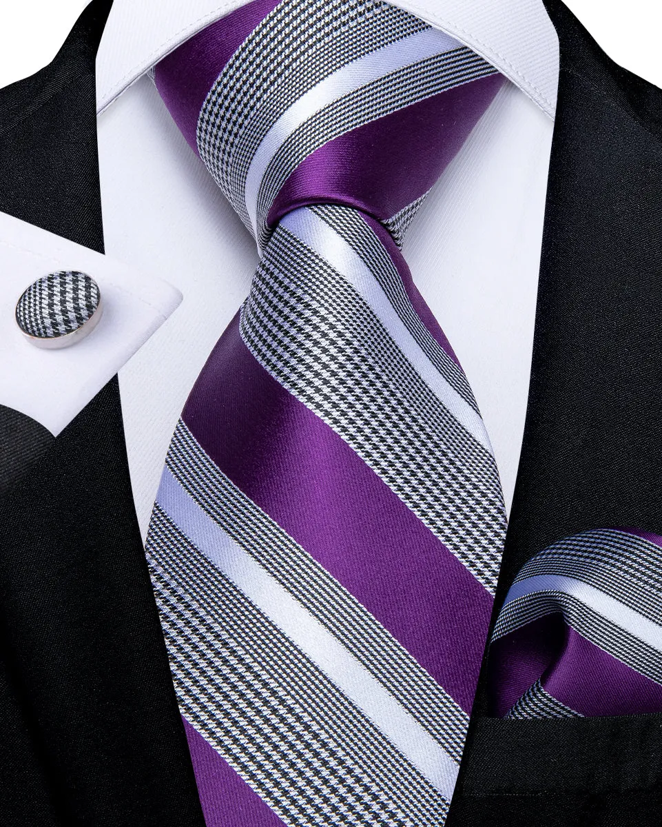 DiBanGu Silk Tie Purple Black White Striped Men's Dress Suit Tie Set
