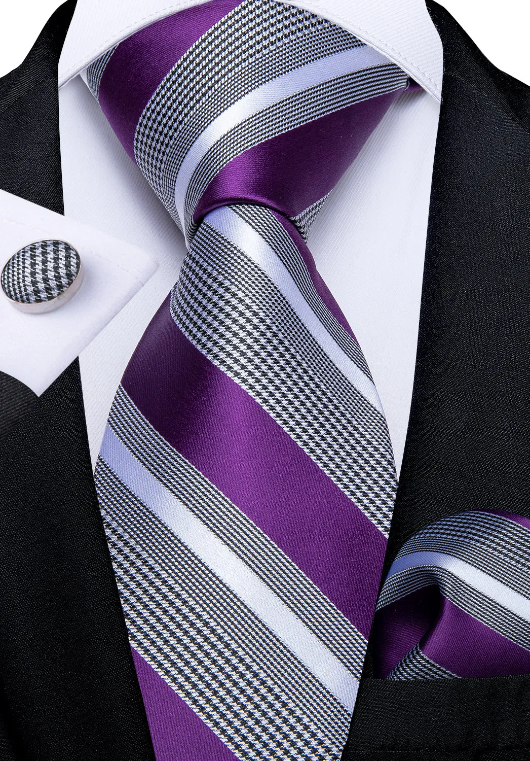 DiBanGu Silk Tie Purple Black White Striped Men's Dress Suit Tie Set