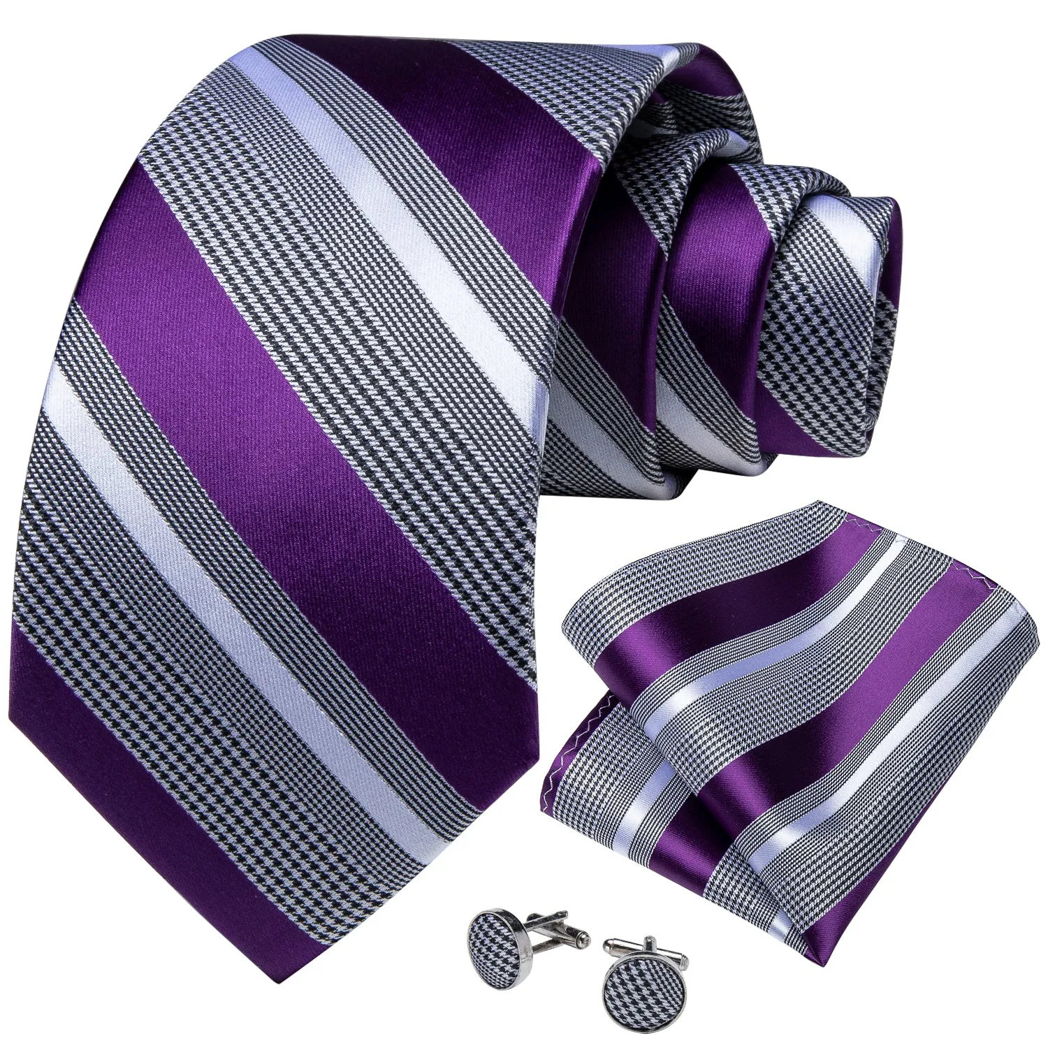 DiBanGu Silk Tie Purple Black White Striped Men's Dress Suit Tie Set