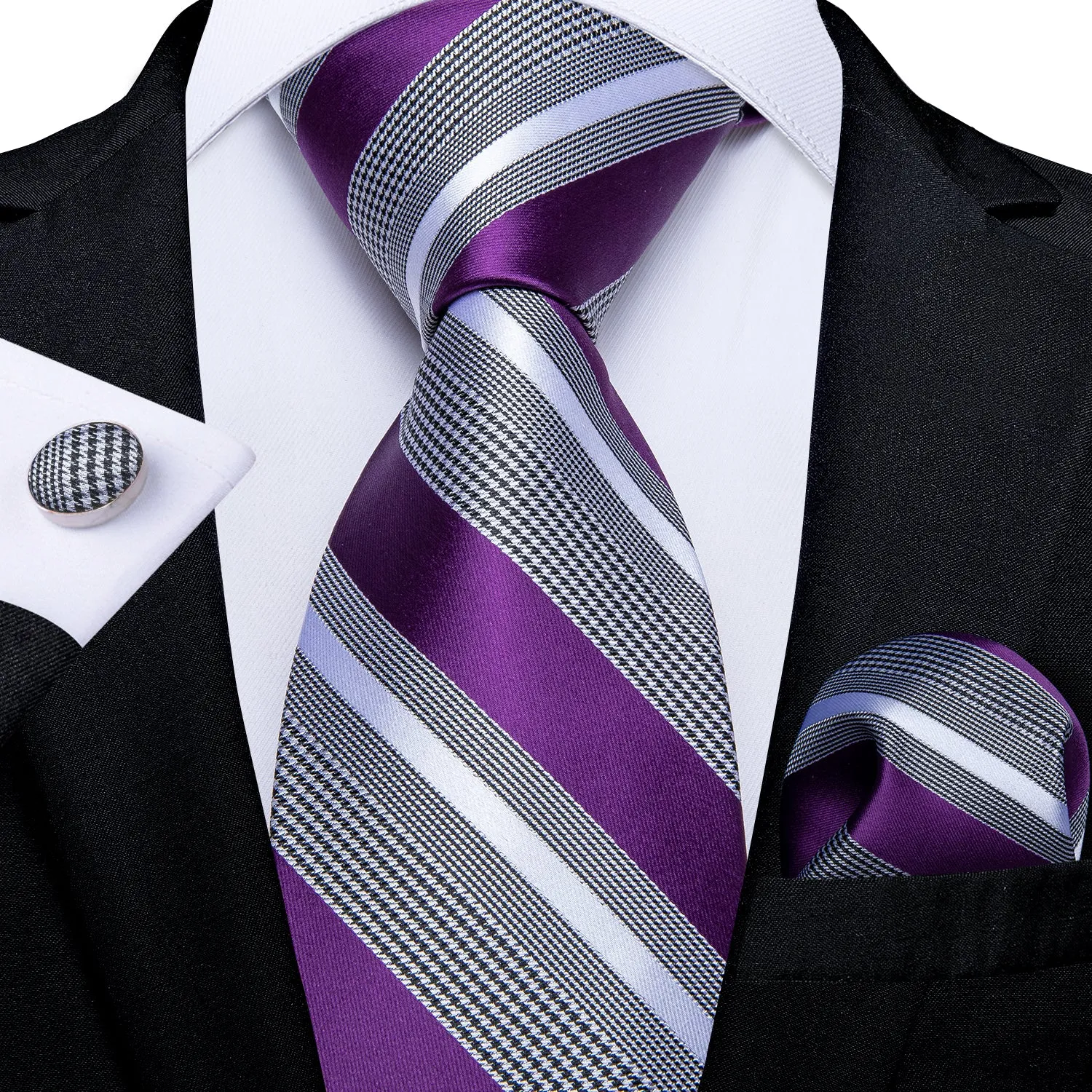 DiBanGu Silk Tie Purple Black White Striped Men's Dress Suit Tie Set