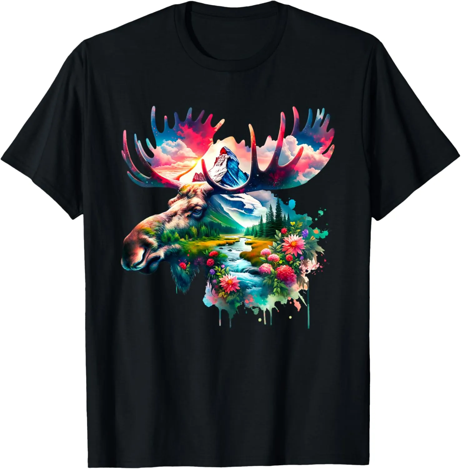 Double Exposure Moose Mountain, Stream & Floral Landscape T-Shirt