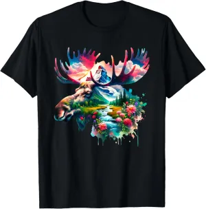 Double Exposure Moose Mountain, Stream & Floral Landscape T-Shirt