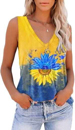 ETCYY NEW Womens Summer Tops V Neck Tank Tops Tie Dye Sleeveless Basic T Shirt Cute Printed Loose Fit
