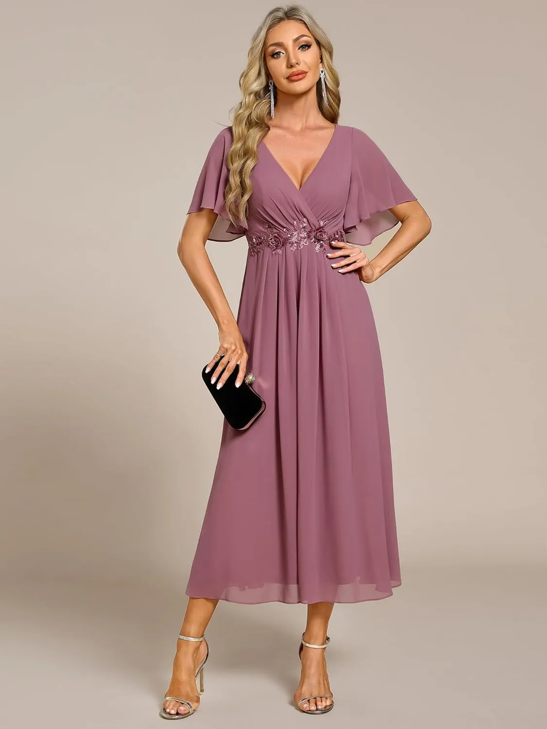 Ever-Pretty Women's Cocktail Dresses V Neck A-Line Elastic High Waist Wedding Guest Evening Party Maxi Dress 02093