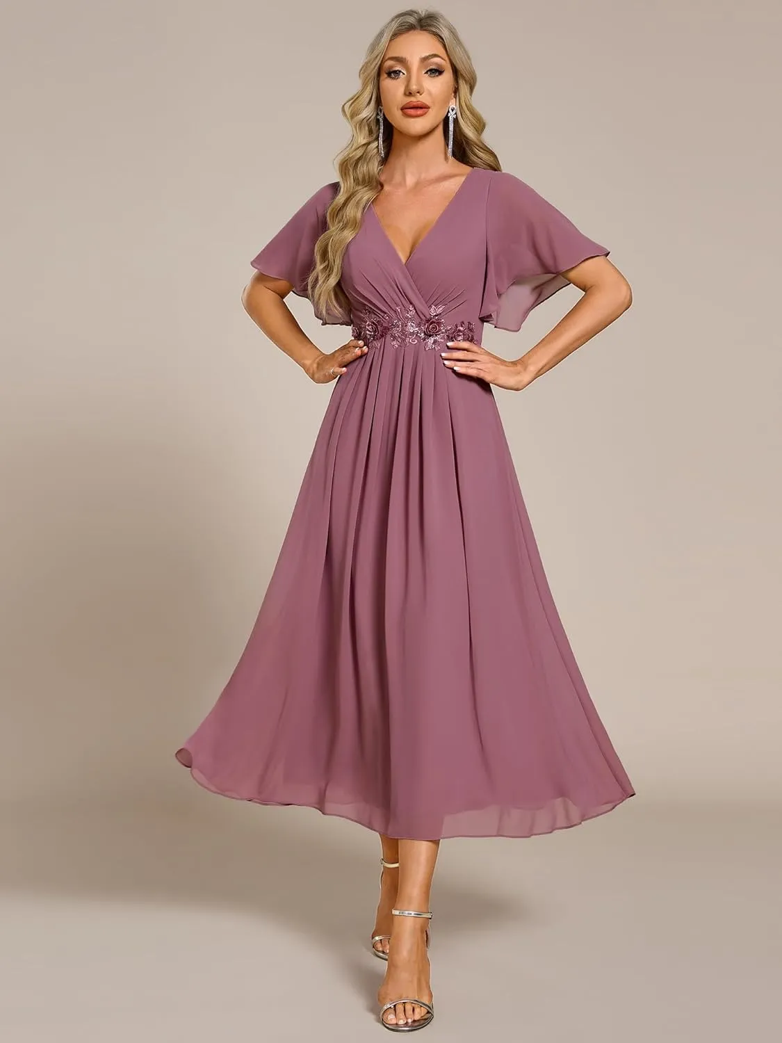 Ever-Pretty Women's Cocktail Dresses V Neck A-Line Elastic High Waist Wedding Guest Evening Party Maxi Dress 02093