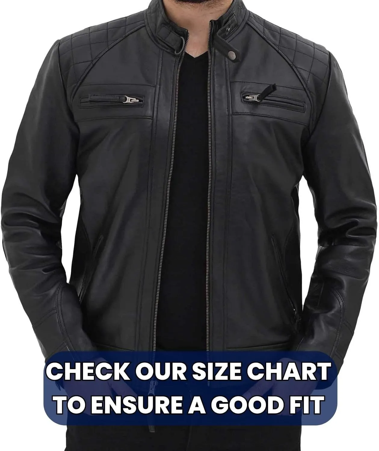 fjackets Real Lambskin Mens Leather Jackets - Quilted Cafe Racer Zip Up Moto Style Leather Jacket Men