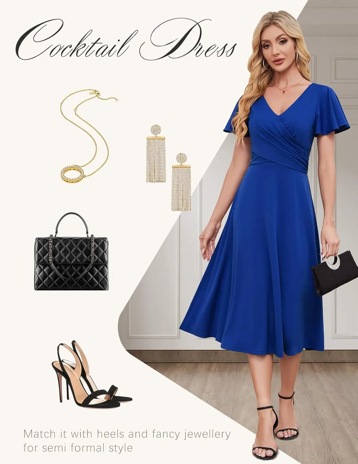 Gardenwed Womens Cocktail Dress Wedding Guest Semi Formal Wrap V Neck Short Sleeve Ruched A Line Midi Dresses with Belt