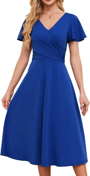 Gardenwed Womens Cocktail Dress Wedding Guest Semi Formal Wrap V Neck Short Sleeve Ruched A Line Midi Dresses with Belt