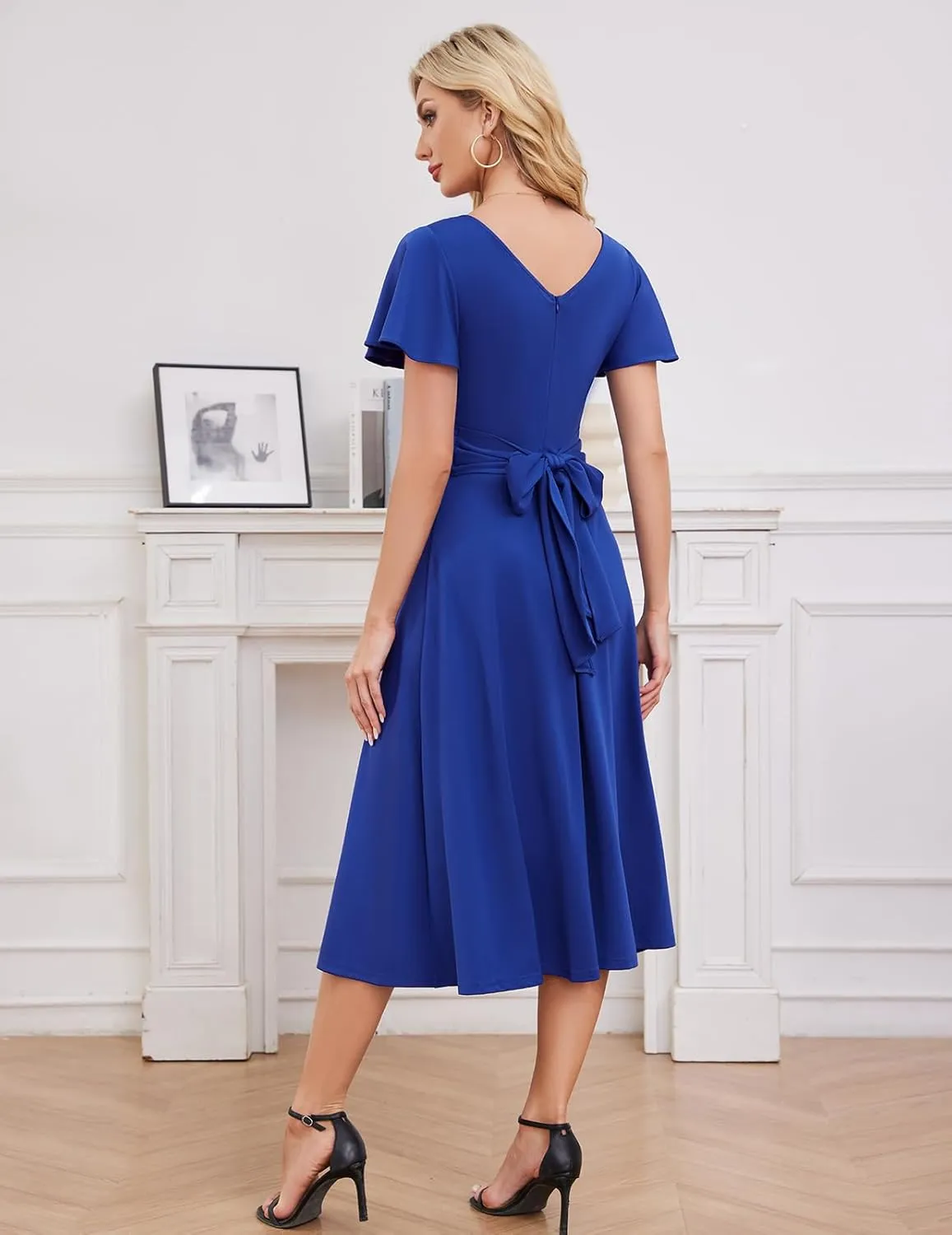 Gardenwed Womens Cocktail Dress Wedding Guest Semi Formal Wrap V Neck Short Sleeve Ruched A Line Midi Dresses with Belt