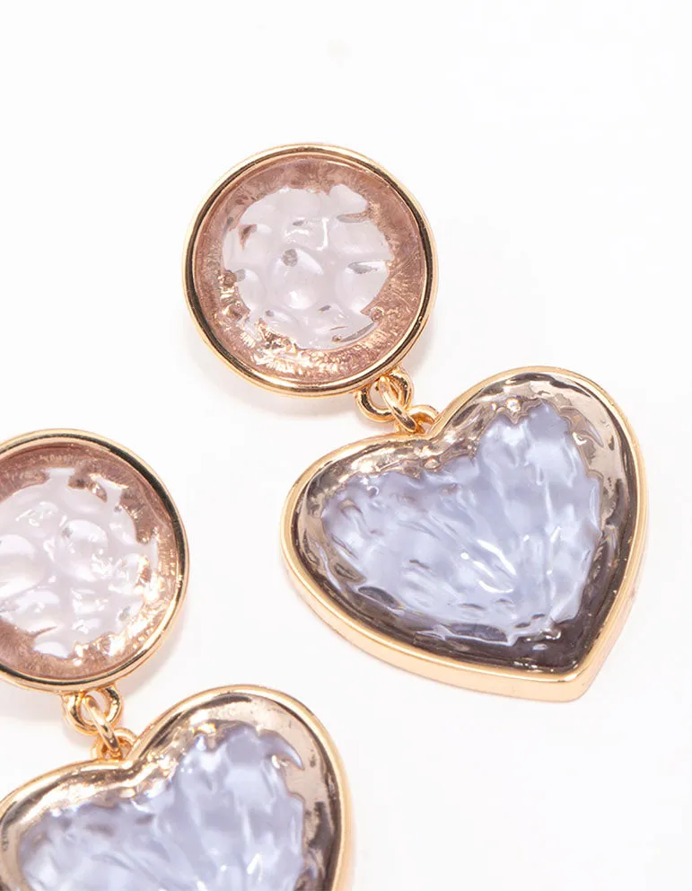 Gold Oval Glitter Heart Drop Earrings