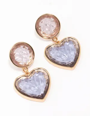 Gold Oval Glitter Heart Drop Earrings