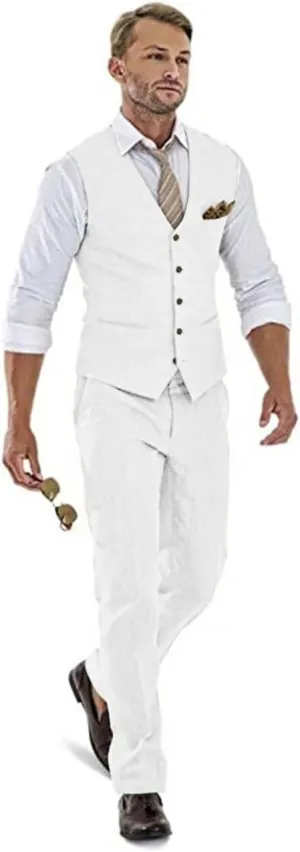 High-End Suits Casual Linen Beige Men's 2 Piece Suits Wedding Suits Slim Fit Groomsmen Tuxedos Summer Linen Vest Pant