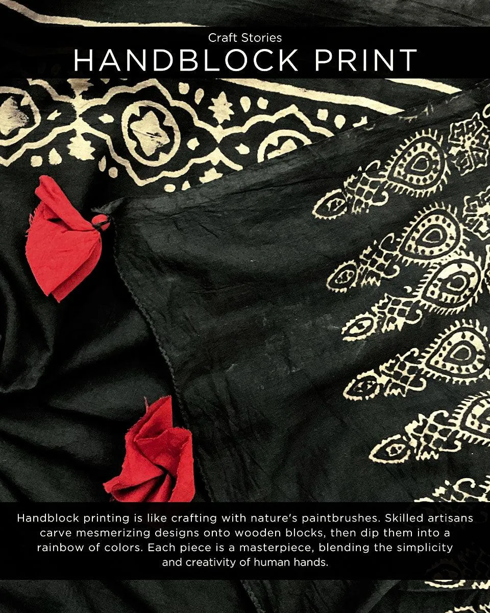 Ivory Black Block Printed Cotton Mul Saree