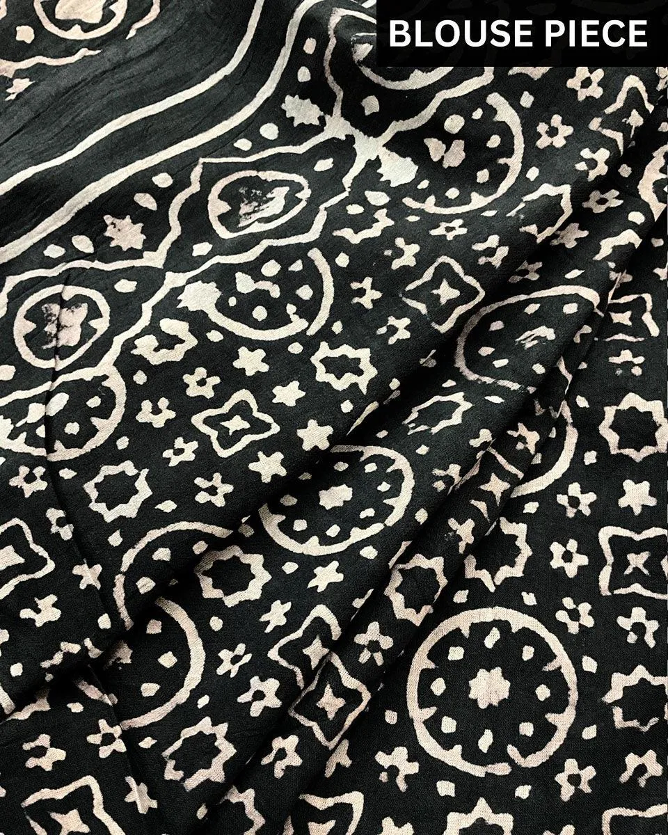 Ivory Black Block Printed Cotton Mul Saree