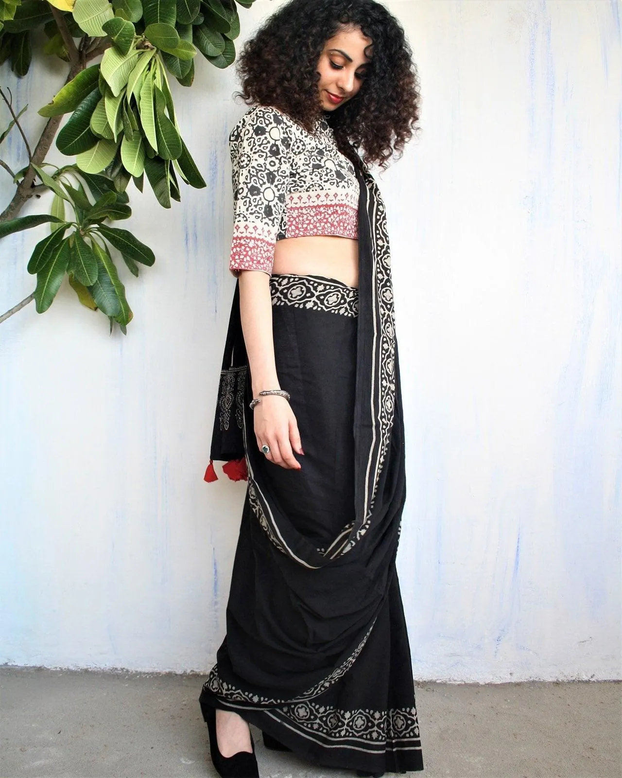 Ivory Black Block Printed Cotton Mul Saree
