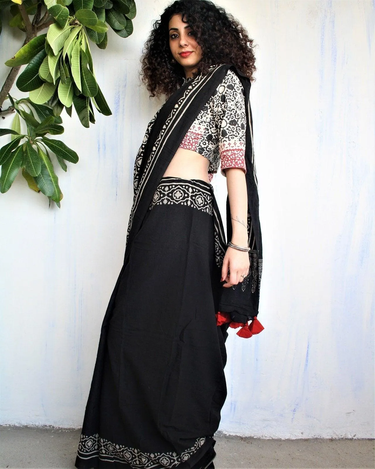 Ivory Black Block Printed Cotton Mul Saree