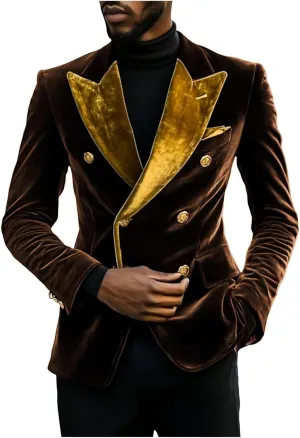 Leisure Men's Velvet Blazer Double Breasted Coat Peak Lapel Jacket Business Regular Fit Prom Tuxedos for Party