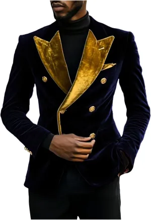 Leisure Men's Velvet Blazer Double Breasted Coat Peak Lapel Jacket Business Regular Fit Prom Tuxedos for Party